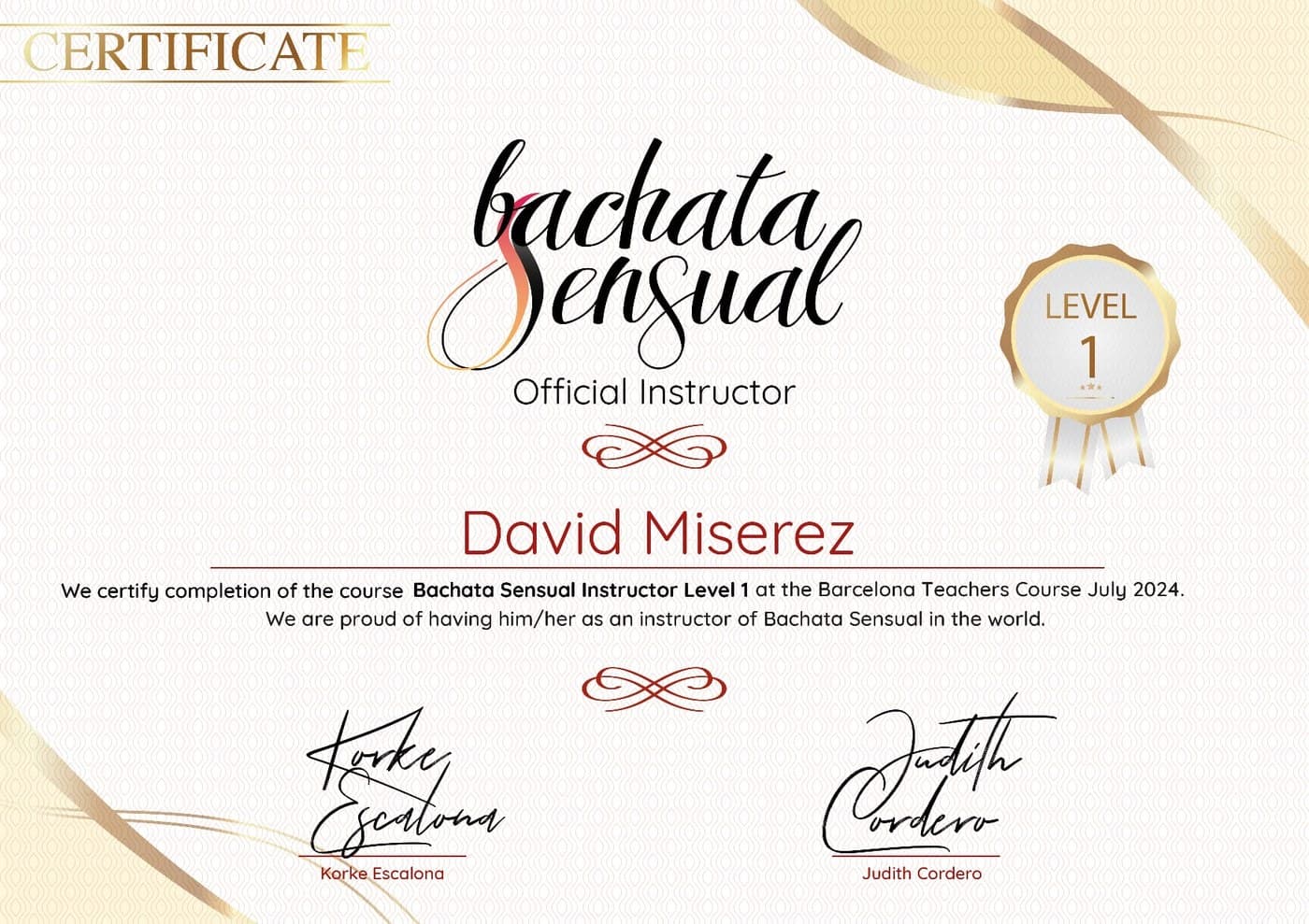 Zertifikat Bachata Sensual Official Instructor Level 1, ausgestellt für David Miserez in Barcelona 2024