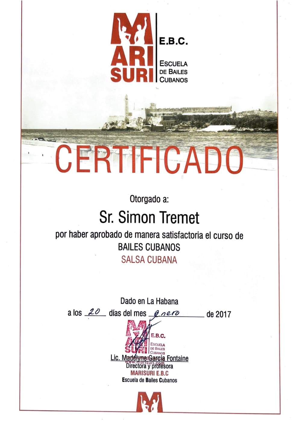 Certificat Marisuri E.B.C. de salsa cubaine délivré à Simon Tremet à La Havane en 2017