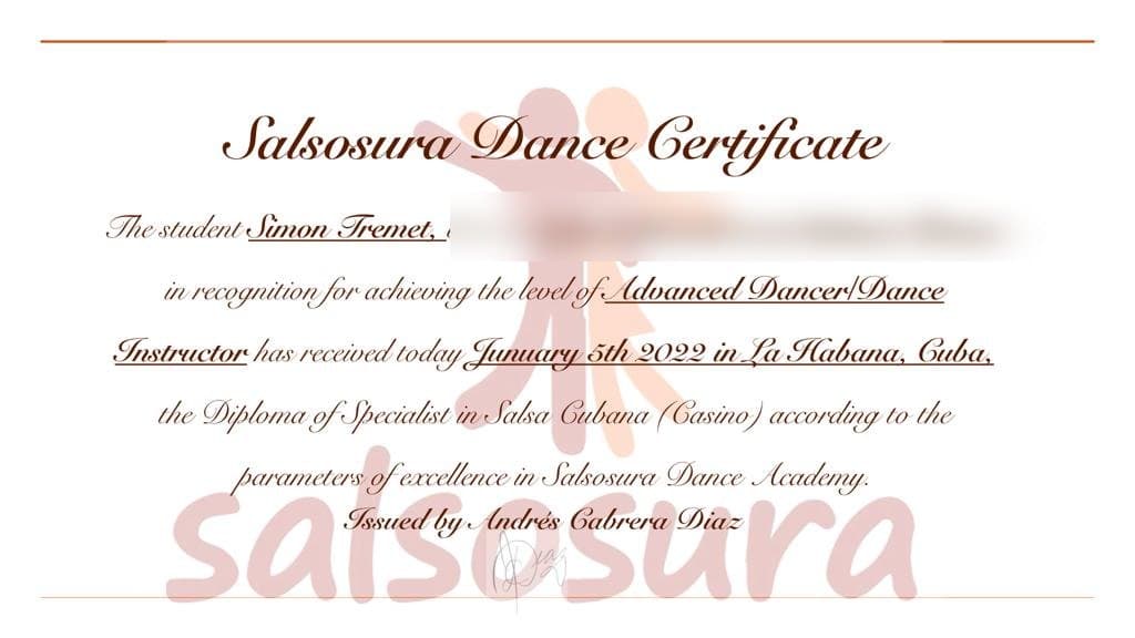 Certificat Salsosura Dance Academy d'instructeur de salsa cubaine (Casino) délivré à Simon Tremet à La Havane en 2022